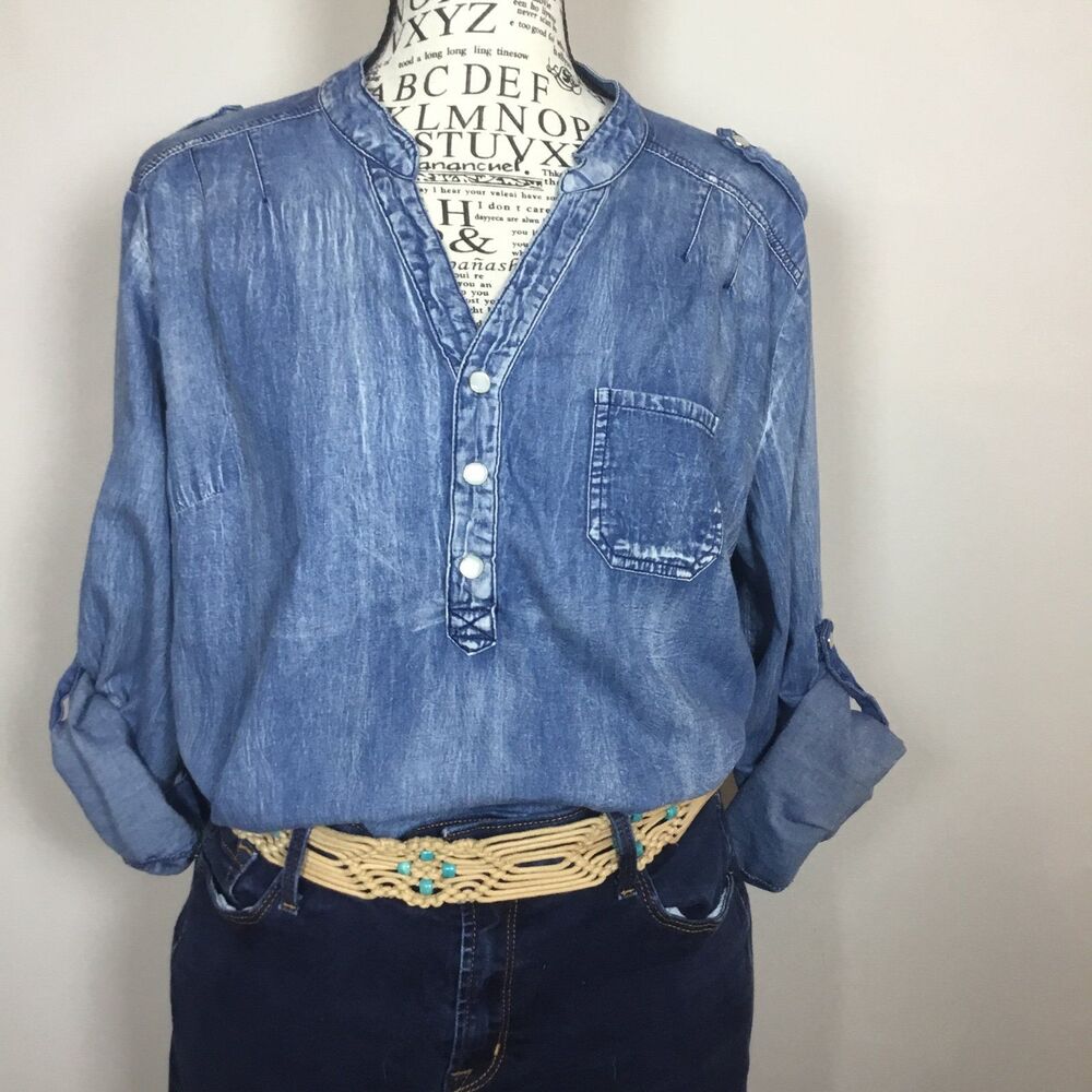 Blue 100% cotton western shirt denim round hem popper buttons shoulder loop XL